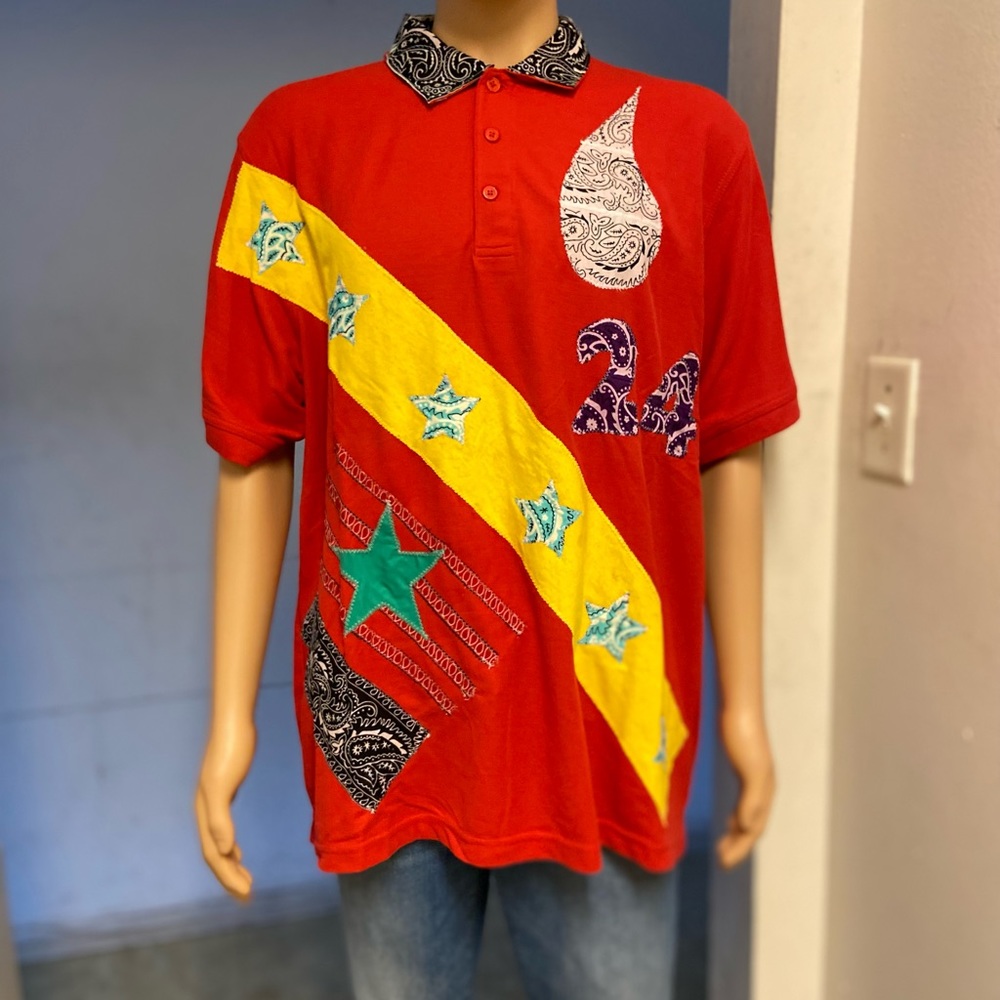 GENUINE THREADZ RED POLO WITH PIECES OF BANDANNA ON FRONT S M L  XL